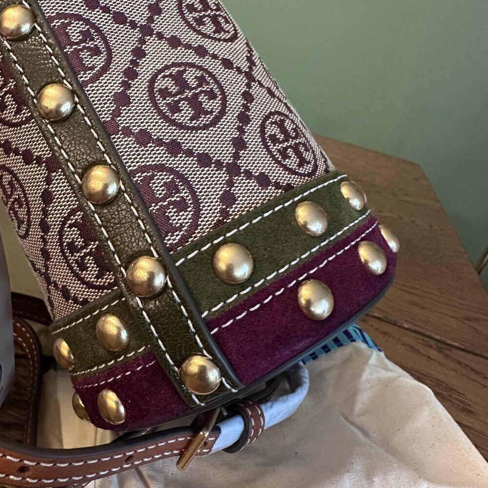 NWT! NEW Tory Burch T Monogram Jacquard Studded Mini Bucket Bag -multi leather - Picture 10 of 15